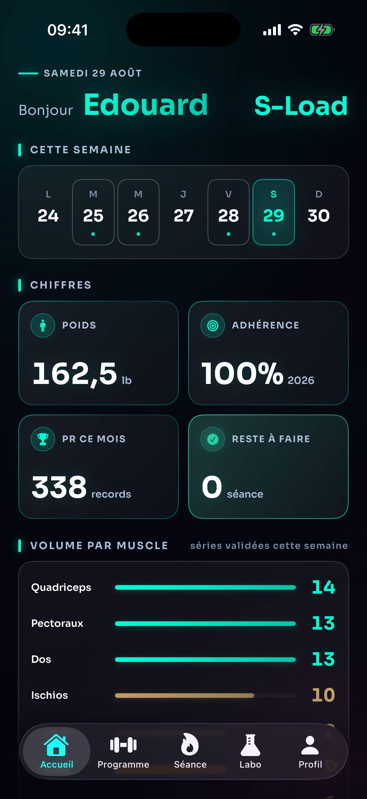 Schermata home di S·Load su iPhone: settimana di allenamento, aderenza e volume per muscolo